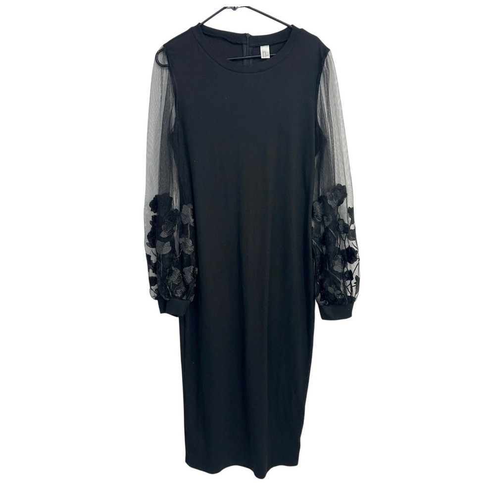 Whimsigoth Black Midi Dress XL Sheer Floral Mesh Sleeves Dark Romantic Witchy